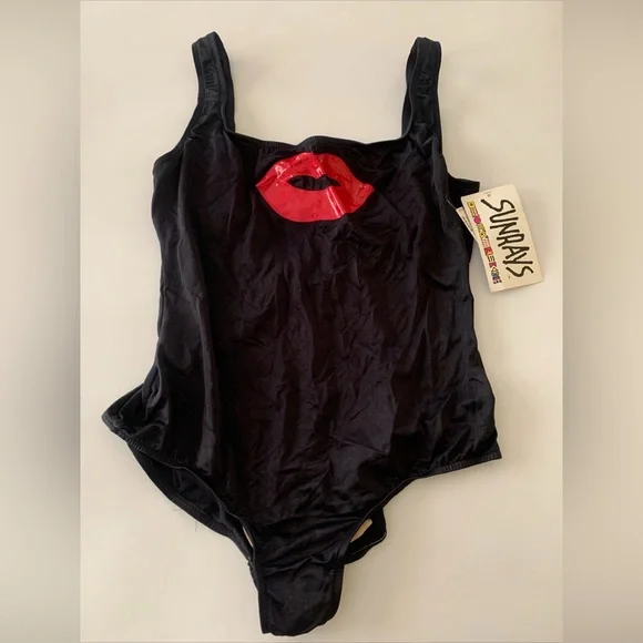 Vintage LIPS KISS Glam Rock 80s SUNRAYS Bathing Suit One Piece Vinyl Size 36 NWT